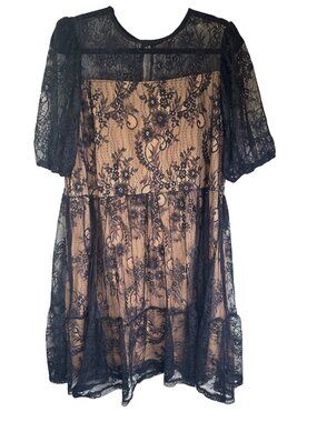 New Tash + Sophie 1X Black Lace Overlay Dress Short Sleeve Floral Sheer